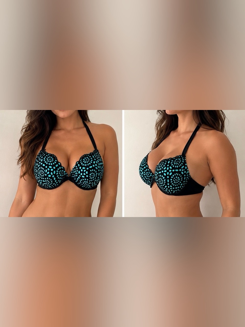 38 C Shade & Shore Black Bathing Suit Bikini Bra Teal Mosaic Super Push Up